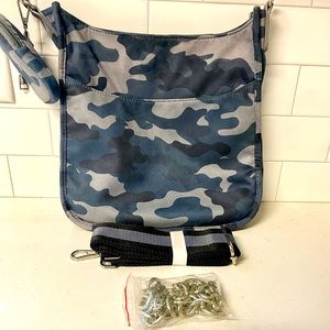 Ah-dorned Vegan MicroSuede
Gray Camo Messenger Bag with Guitar Strap